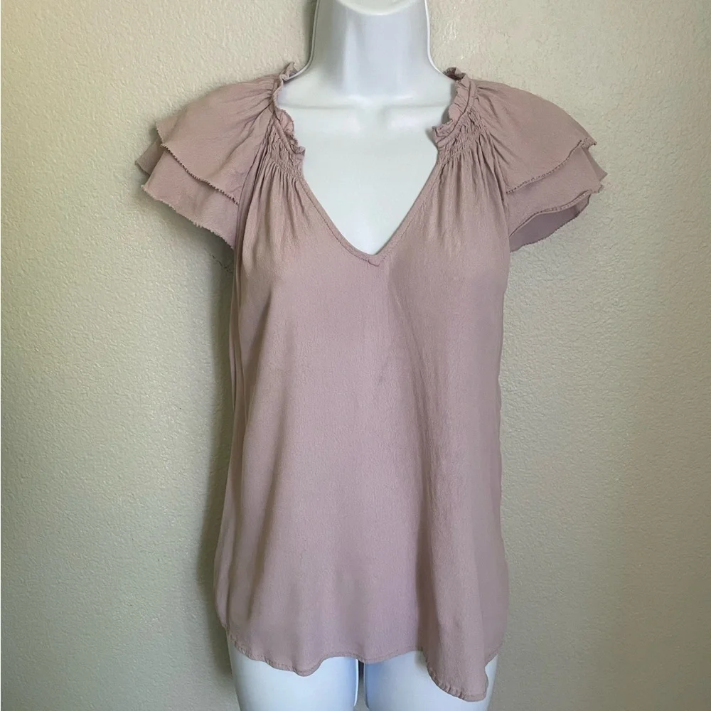 A New Day Mauve Ruffle Sleeve Blouse XS | Flutter Cap Sleeve V-Neck Flowy Top - Picture 2 of 6